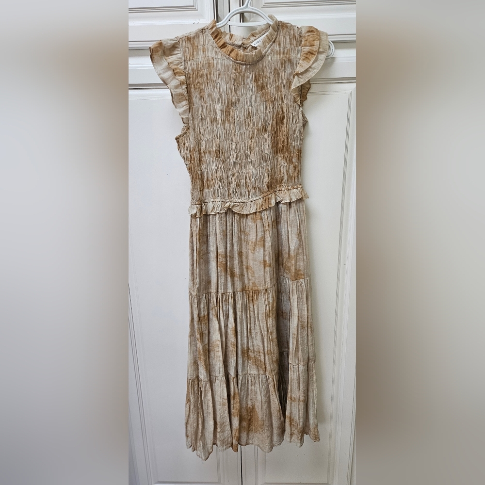 Moon River Dress Elegant Tan Ruffle Sleeve Dress Small